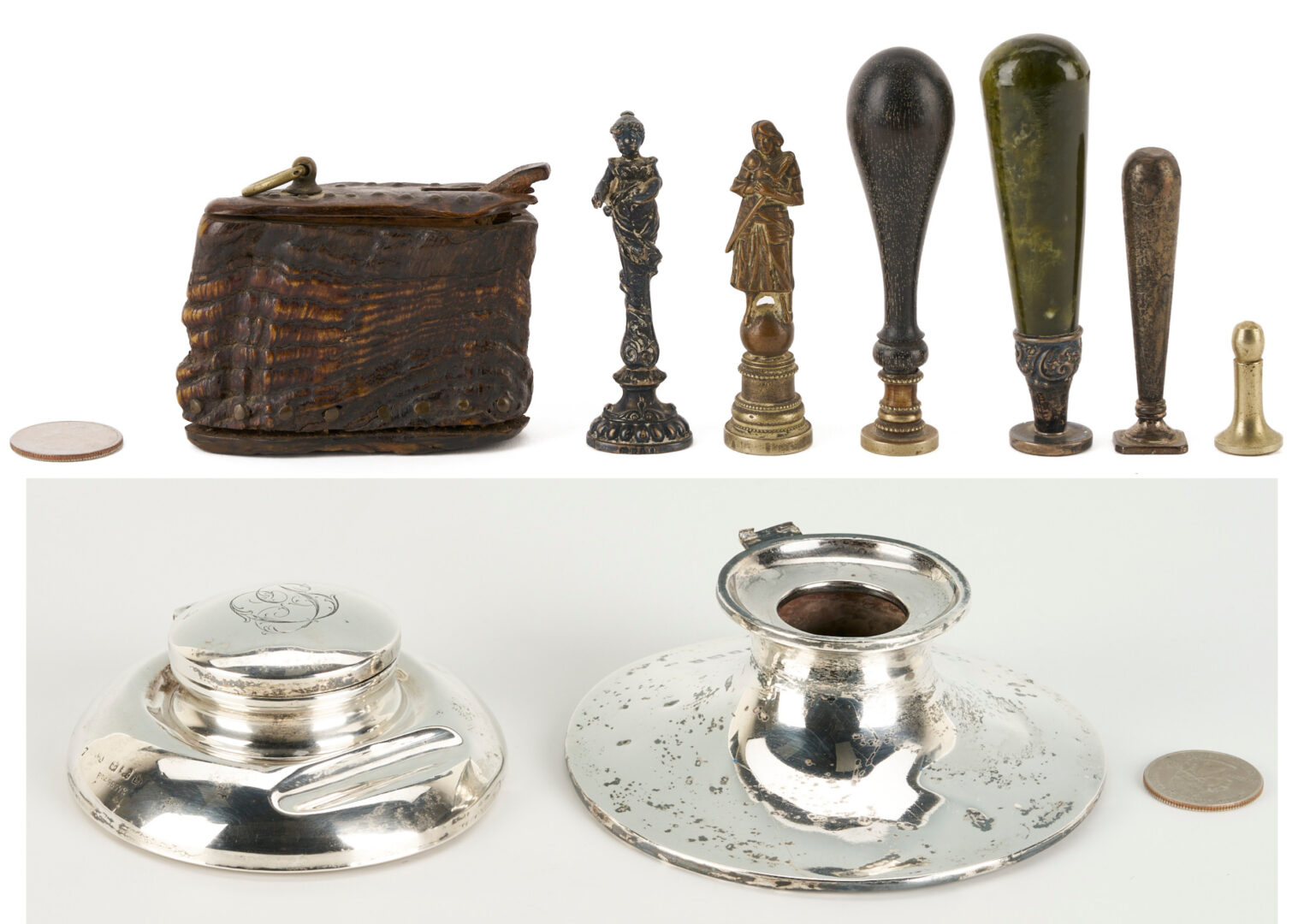 Lot 290: 8 Desk Items incl. Wax Seals, Inkwells, Snuff Box, SC History