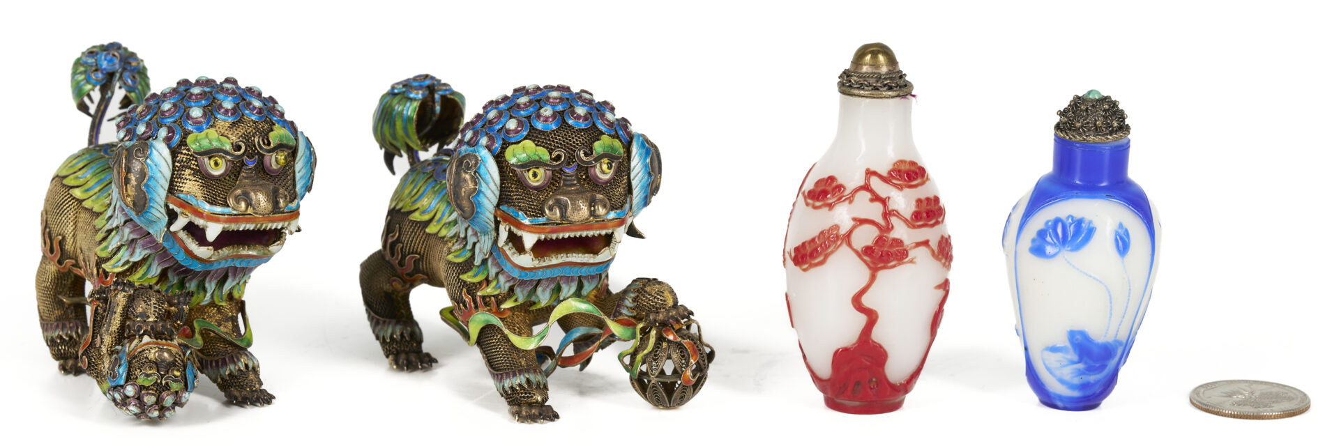 Lot 30: 2 Chinese Silver Enameled Lions & 2 Carved Peking Glass Snuff Bottles