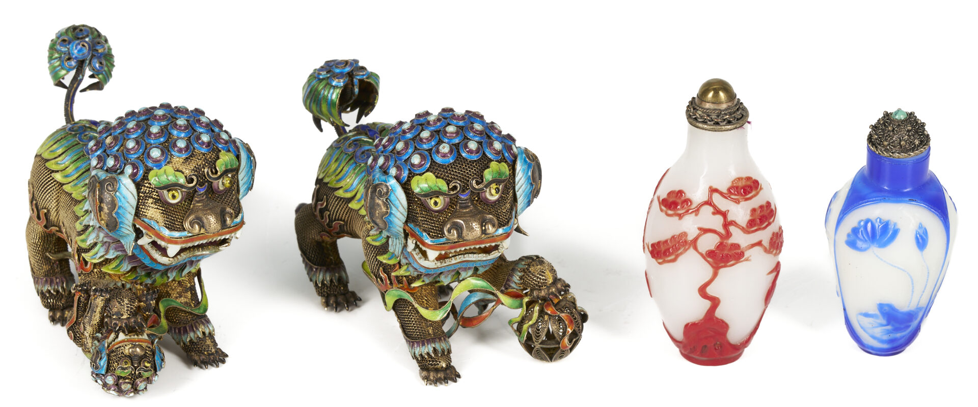 Lot 30: 2 Chinese Silver Enameled Lions & 2 Carved Peking Glass Snuff Bottles