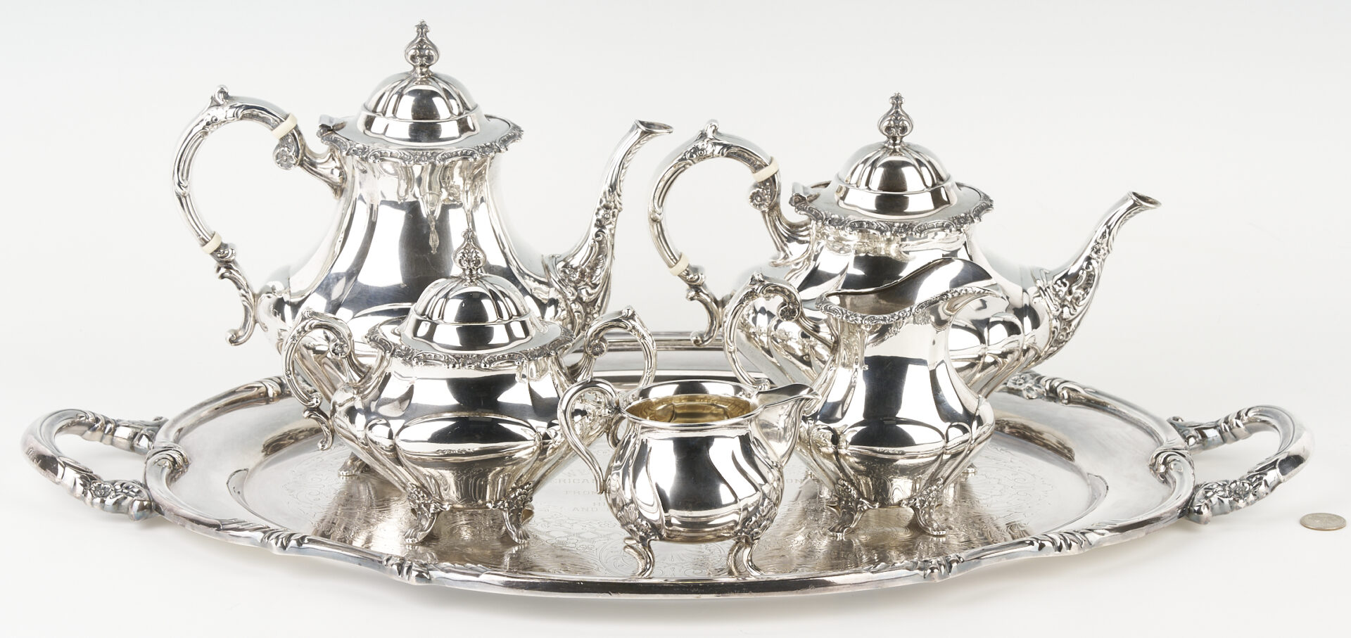 Lot 322: Reed & Barton Sterling Tea Set and Tray; plus Danish Creamer