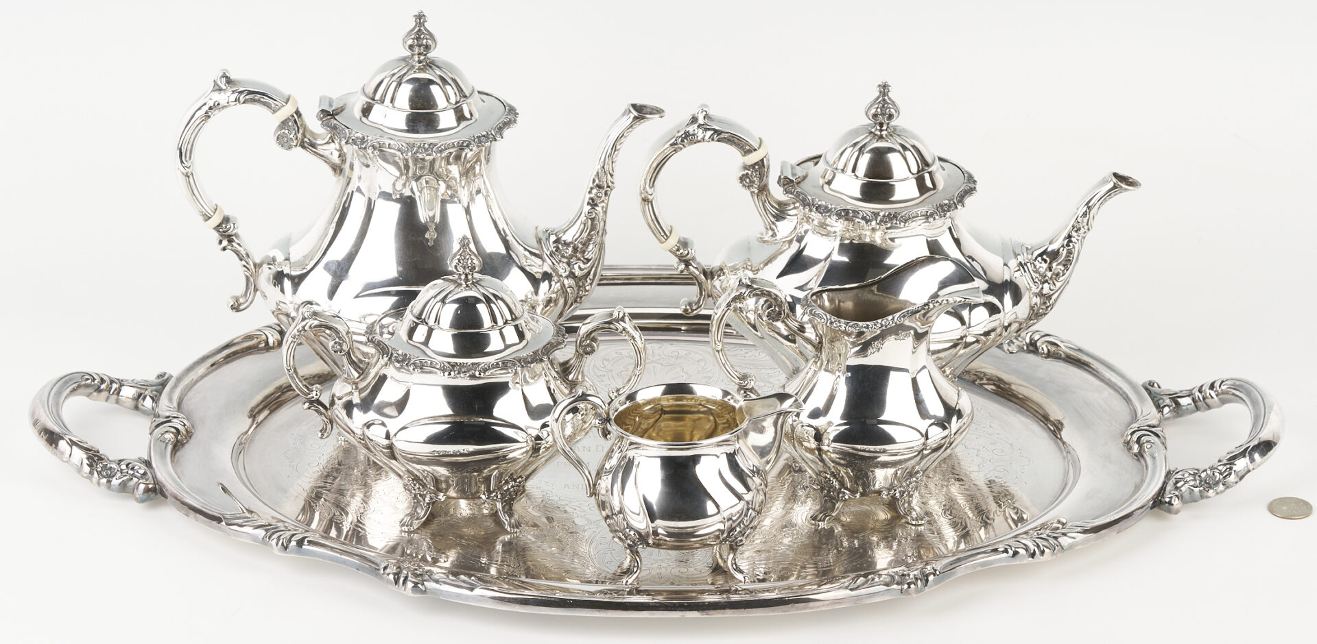 Lot 322: Reed & Barton Sterling Tea Set and Tray; plus Danish Creamer