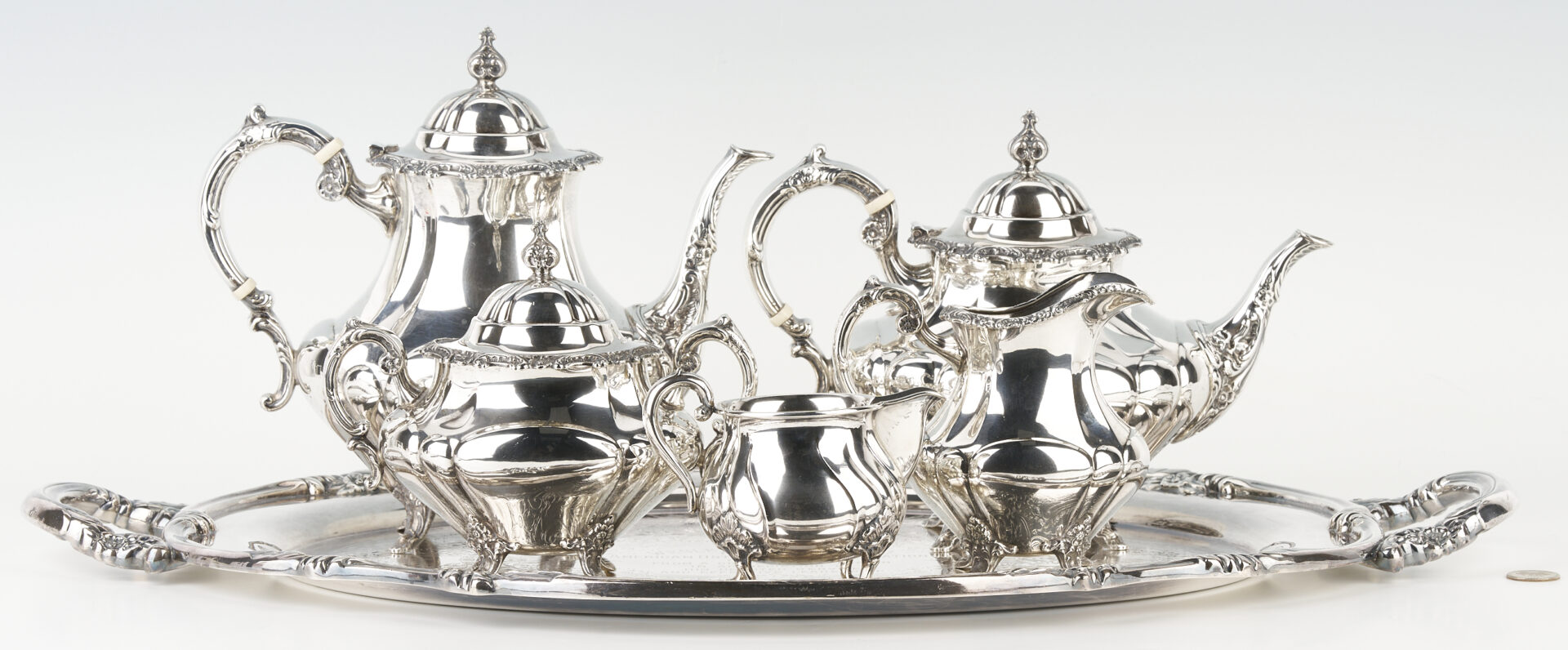 Lot 322: Reed & Barton Sterling Tea Set and Tray; plus Danish Creamer