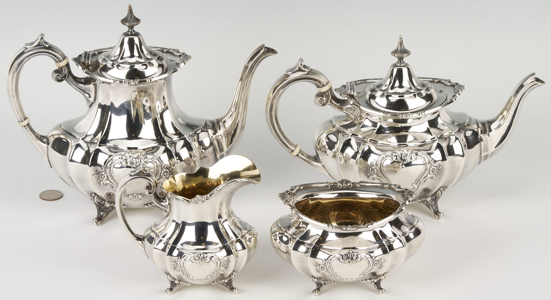 Lot 332: Reed & Barton 4-Pc. Sterling Tea Set, Hampton Court Shield