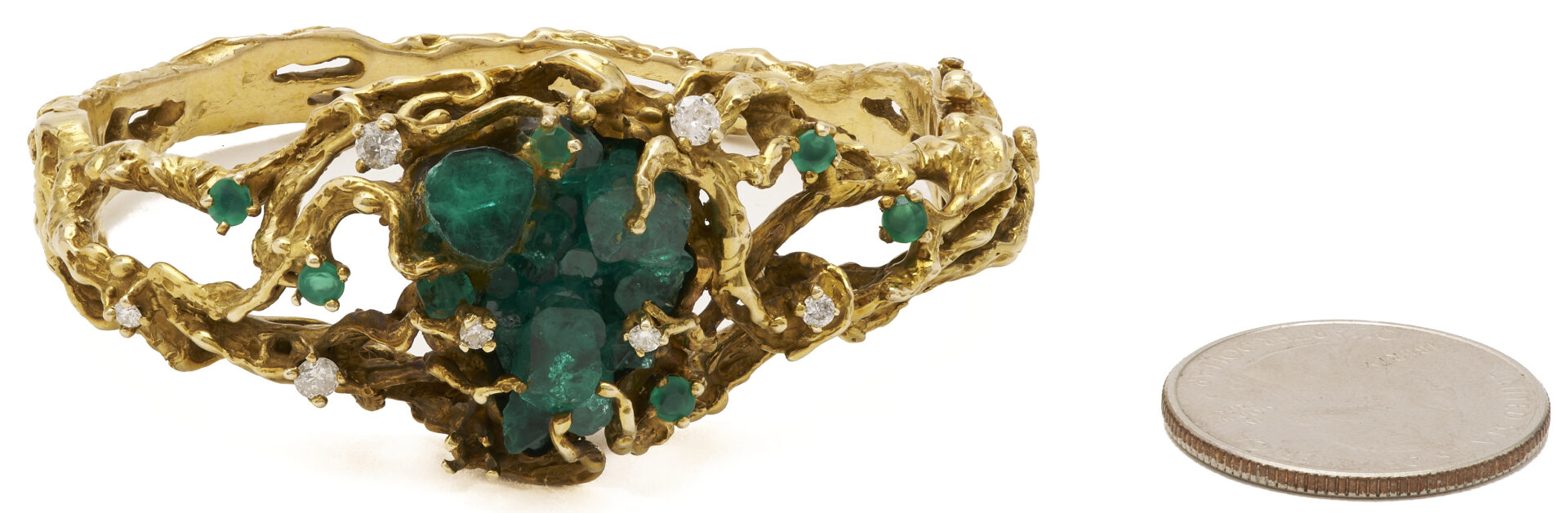 Lot 342: Vintage Lady's 14K Gold Custom Design Brutalist Style Emerald Crystal & Diamond Hinged Bangle Bracelet