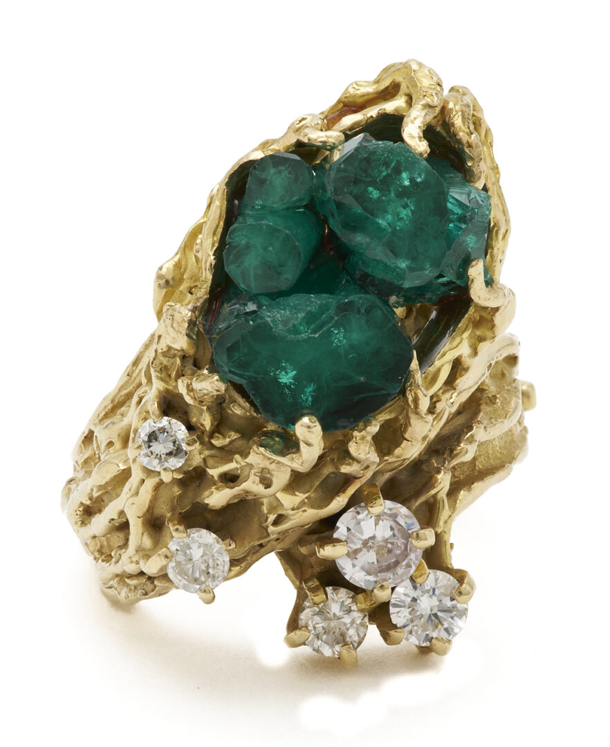 Lot 343: Vintage Lady's 14K Gold Custom Design Brutalist Style Emerald Crystal & Diamond Ring