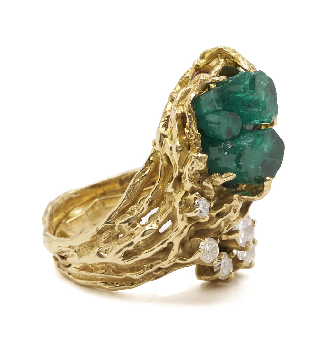 Lot 343: Vintage Lady's 14K Gold Custom Design Brutalist Style Emerald Crystal & Diamond Ring