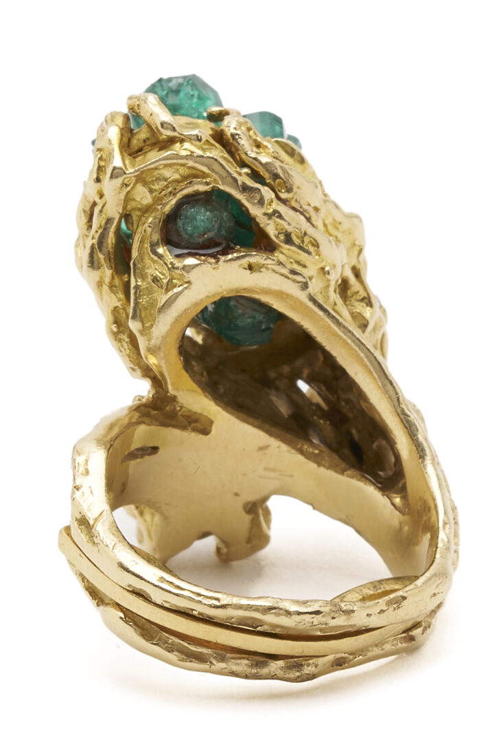 Lot 343: Vintage Lady's 14K Gold Custom Design Brutalist Style Emerald Crystal & Diamond Ring