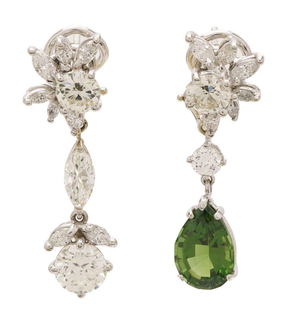 Lot 344: Lady's Vintage 18K White Gold Diamond Cluster Earrings with Diamond or Green Tourmaline Enhancers