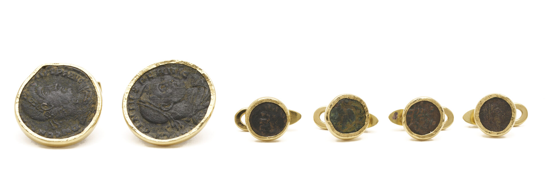 Lot 346: Gent's 18K Gold Ancient Greek Coin Cufflinks & Stud Set