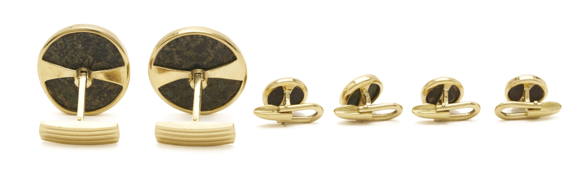 Lot 346: Gent's 18K Gold Ancient Greek Coin Cufflinks & Stud Set