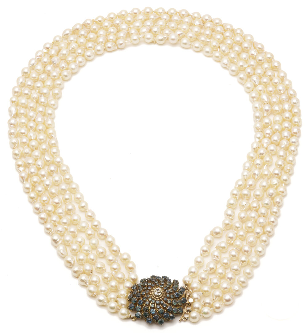 Lot 347: Lady's Vintage 5 Strand Akoya Pearl Necklace with 14K Gold Sapphire & Diamond Clasp