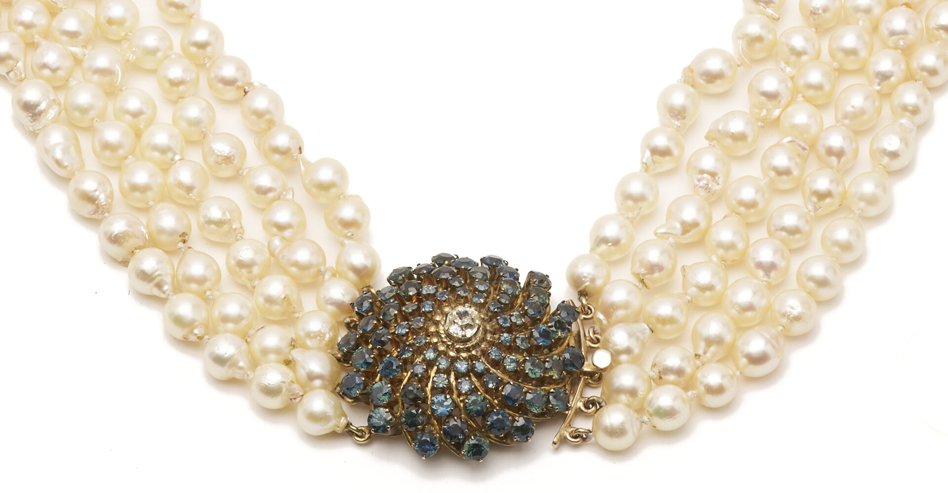 Lot 347: Lady's Vintage 5 Strand Akoya Pearl Necklace with 14K Gold Sapphire & Diamond Clasp