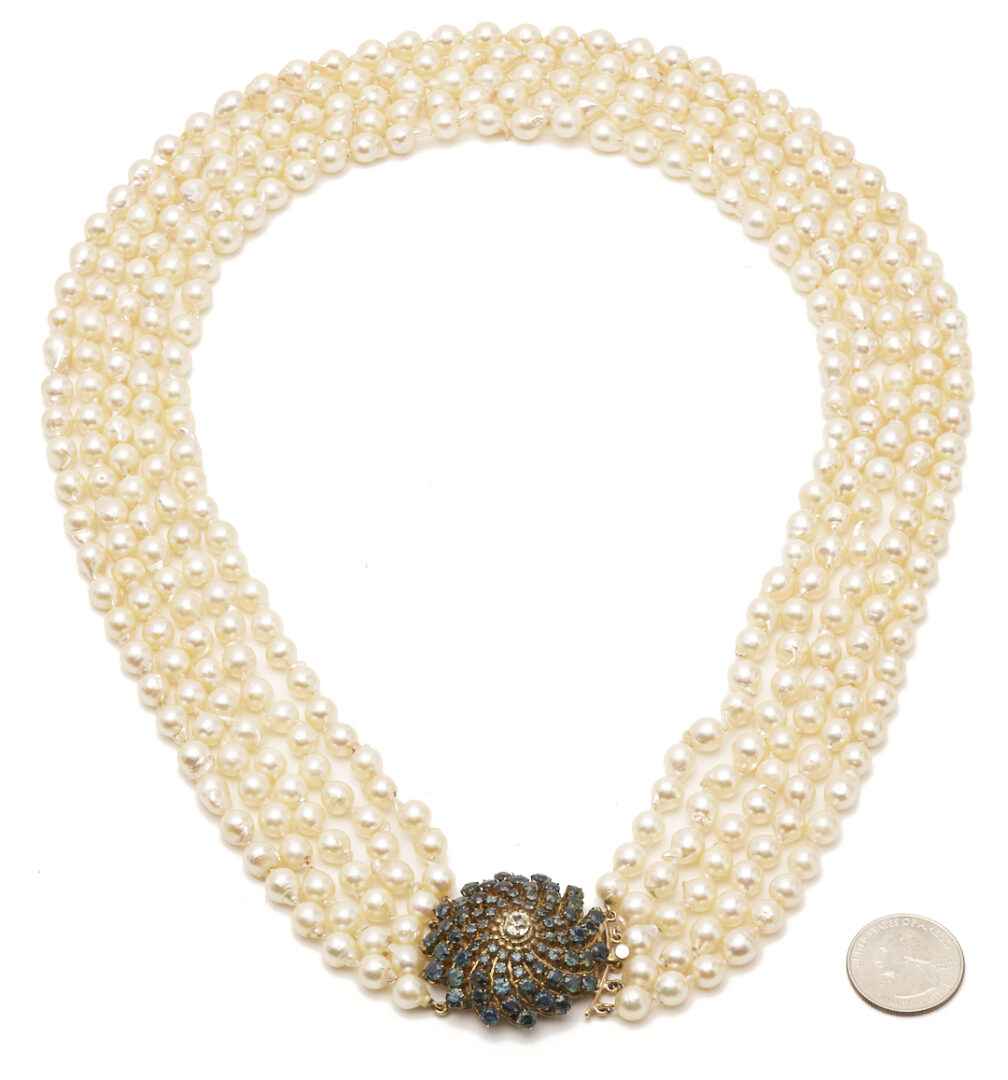 Lot 347: Lady's Vintage 5 Strand Akoya Pearl Necklace with 14K Gold Sapphire & Diamond Clasp