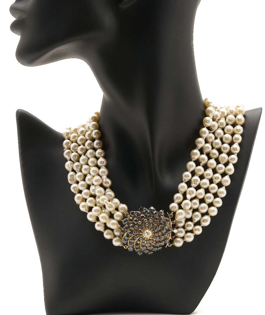 Lot 347: Lady's Vintage 5 Strand Akoya Pearl Necklace with 14K Gold Sapphire & Diamond Clasp