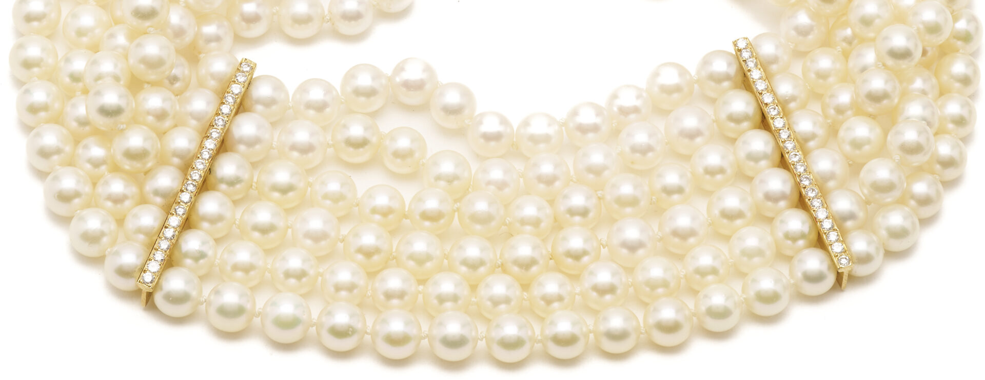 Lot 348: Lady's 6 Strand Akoya Pearl Choker Necklace with 18K Gold Diamond Bars & Clasp