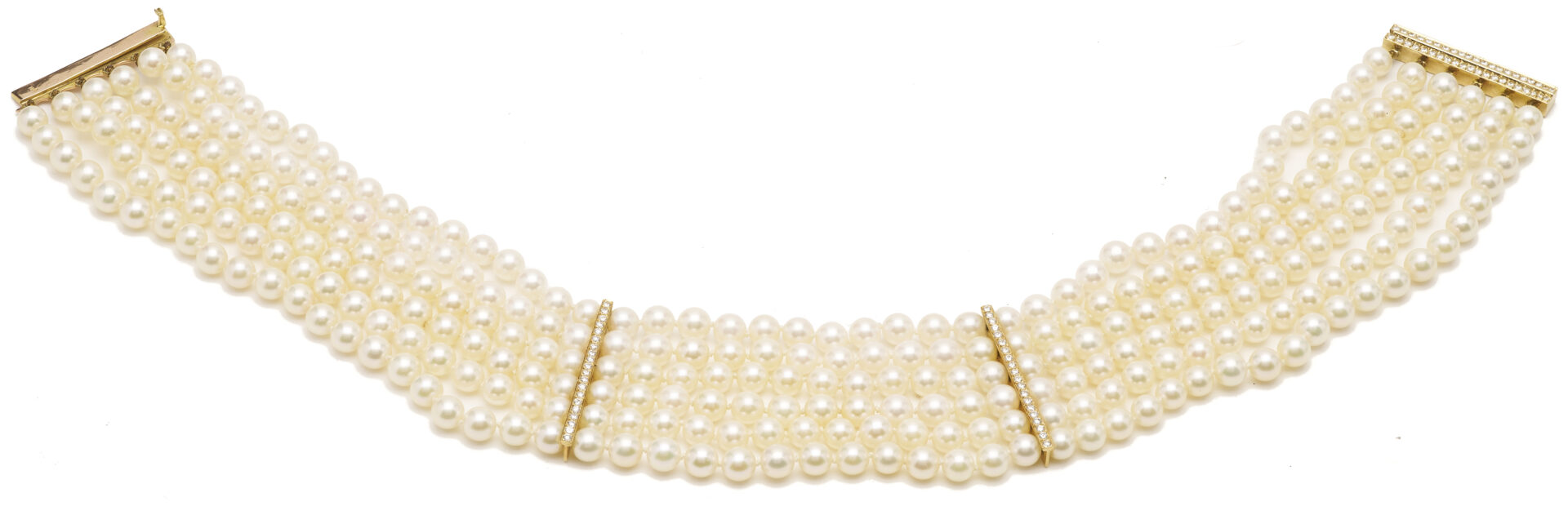 Lot 348: Lady's 6 Strand Akoya Pearl Choker Necklace with 18K Gold Diamond Bars & Clasp