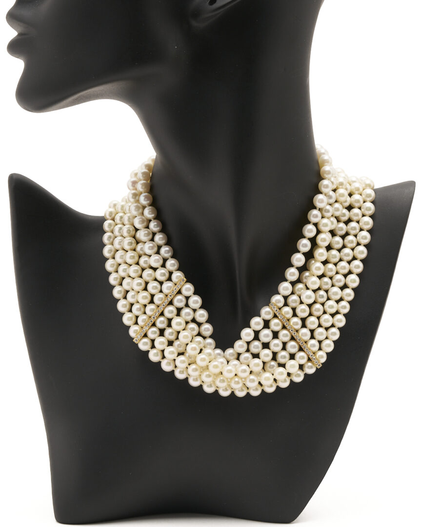 Lot 348: Lady's 6 Strand Akoya Pearl Choker Necklace with 18K Gold Diamond Bars & Clasp