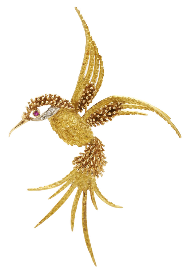 Lot 353: Lady's Vintage 18K Gold, Diamond, & Ruby Bird Brooch