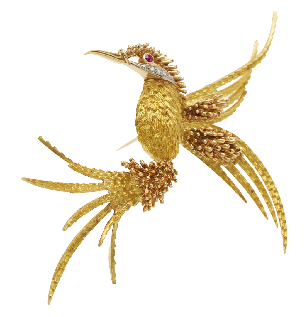 Lot 353: Lady's Vintage 18K Gold, Diamond, & Ruby Bird Brooch