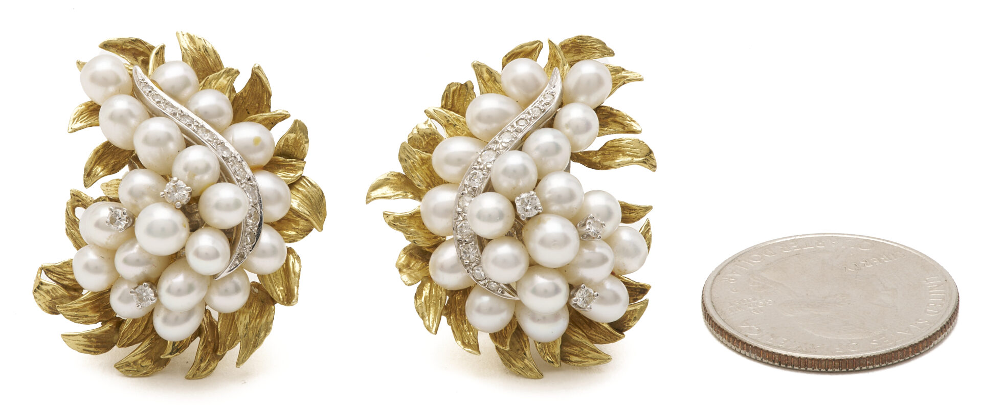 Lot 355: Lady's Vintage 14-18K Gold Pearl & Diamond Floral Earrings