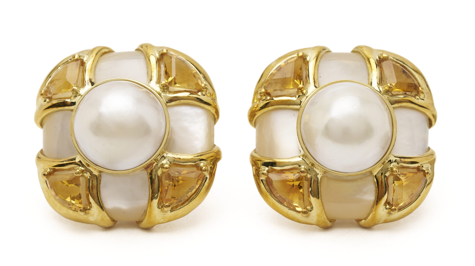 Lot 356: Lady's 18K Gold Mother of Pearl & Citrine Designer Earrings