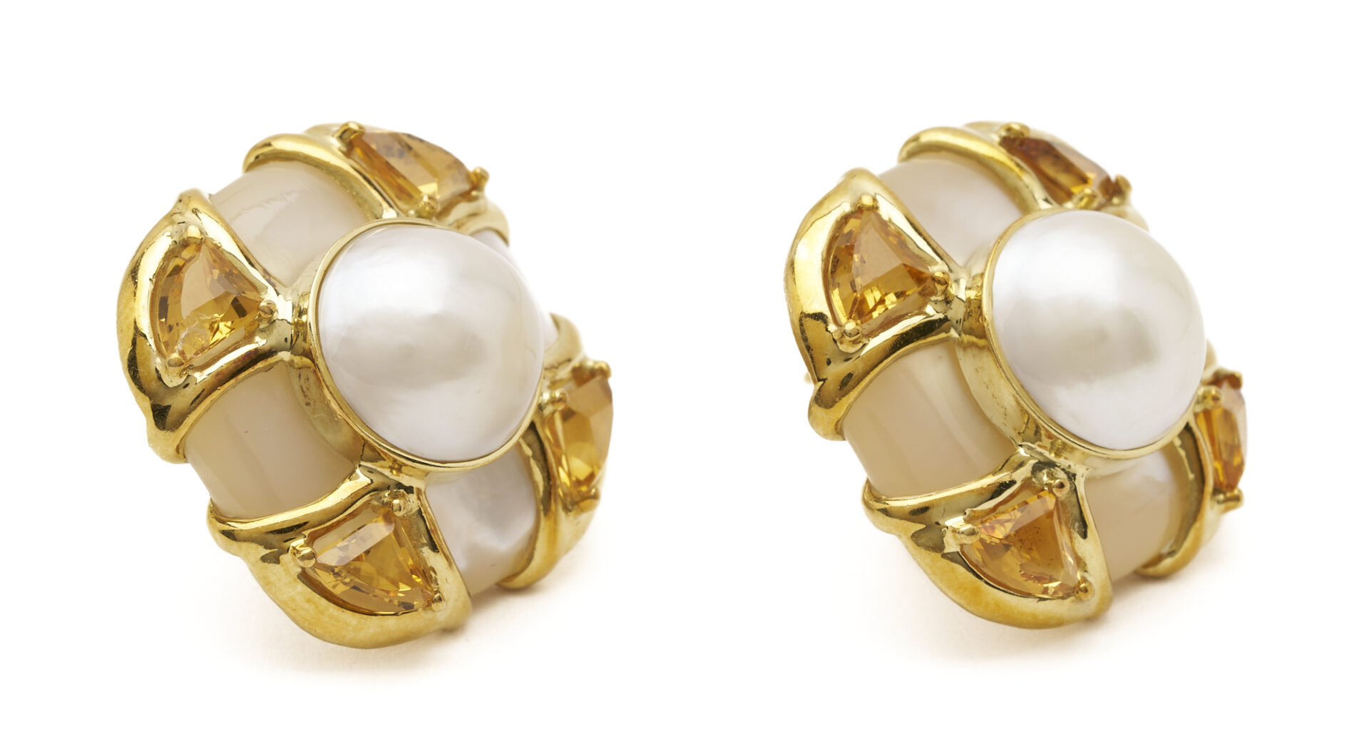 Lot 356: Lady's 18K Gold Mother of Pearl & Citrine Designer Earrings