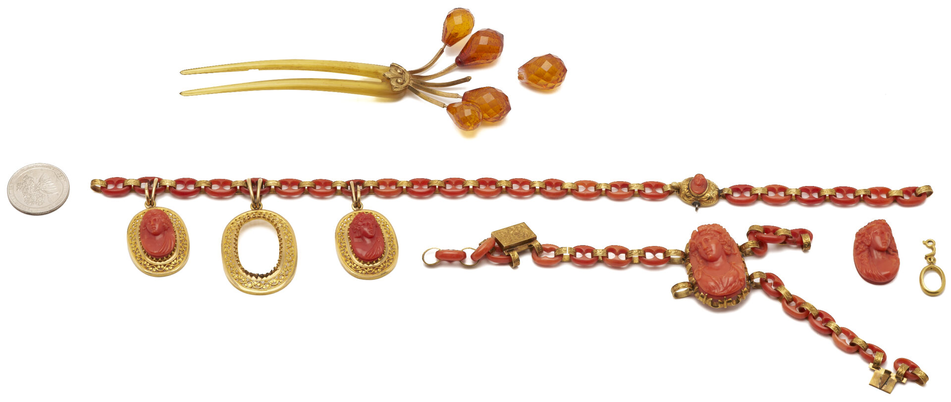 Lot 358: Gold & Victorian Red Coral Cameo Jewelry Fragments plus Hair Comb