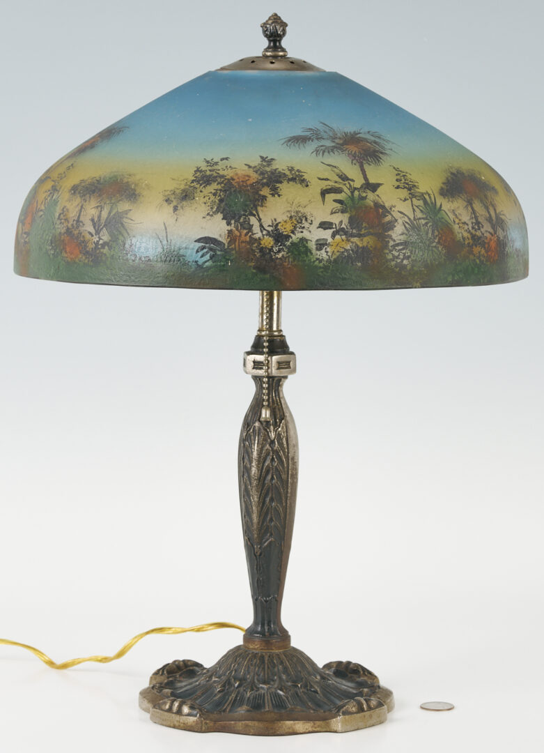 Lot 370: Table Lamp w/ Reverse Painted Shade, Pittsburgh Lamp & Glass Co.