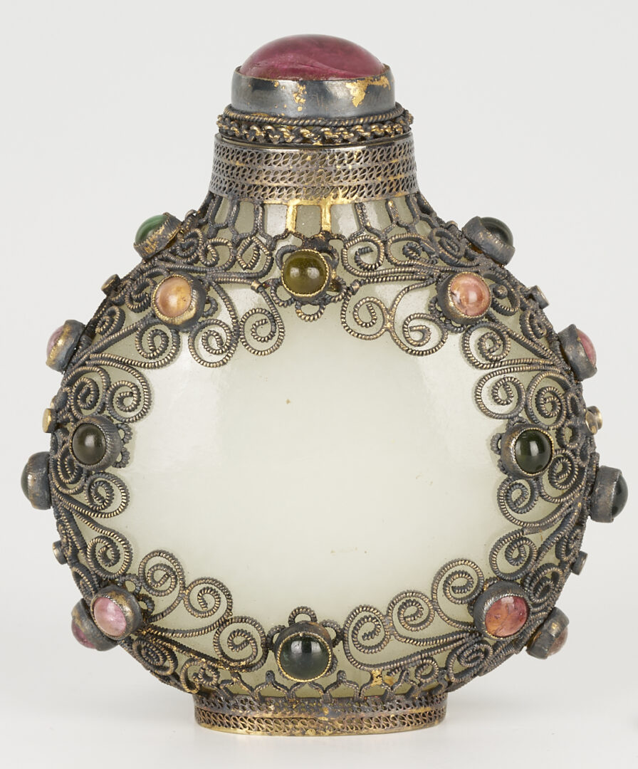 Lot 3: Chinese Tibetan Style Filigree & Precious Stone Embellished Jade Snuff Bottle