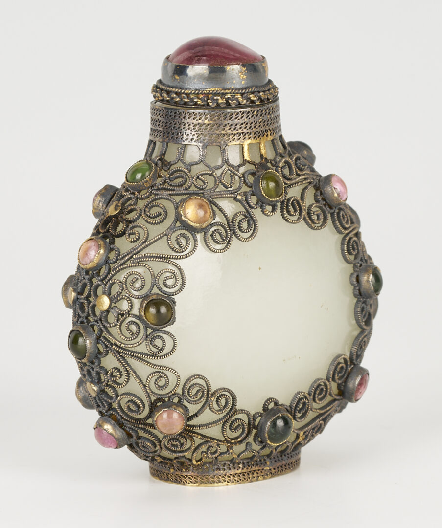 Lot 3: Chinese Tibetan Style Filigree & Precious Stone Embellished Jade Snuff Bottle