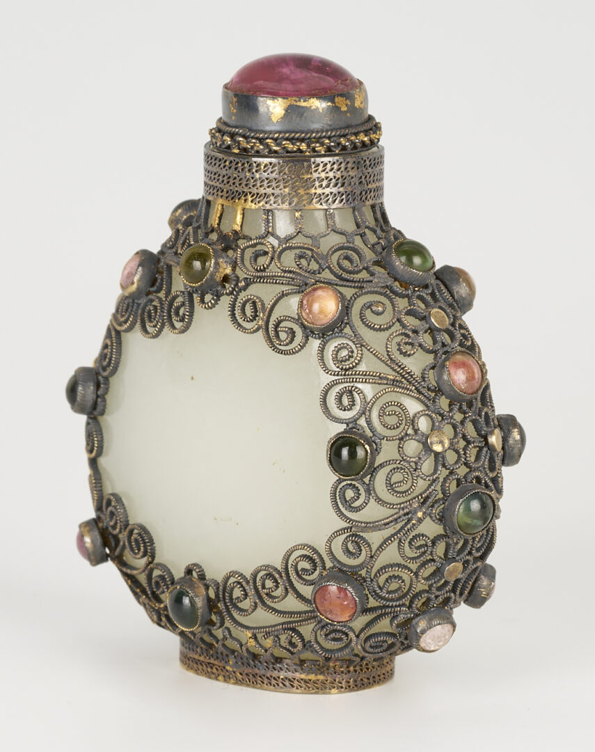 Lot 3: Chinese Tibetan Style Filigree & Precious Stone Embellished Jade Snuff Bottle