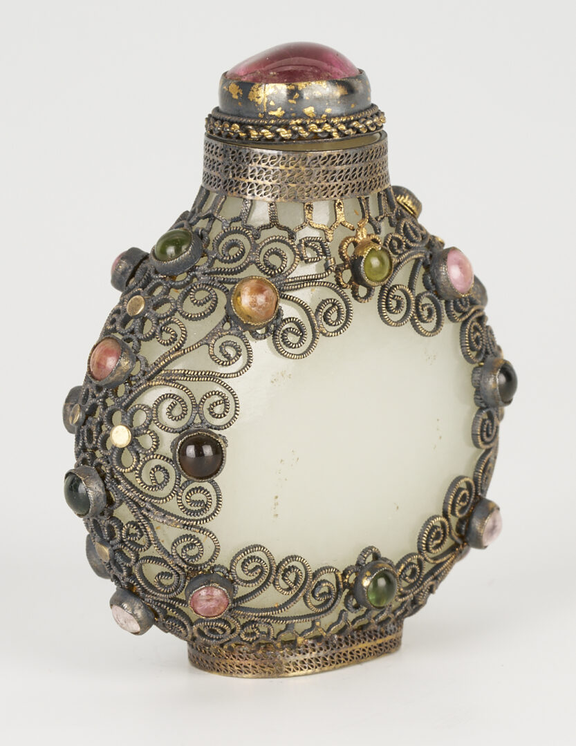 Lot 3: Chinese Tibetan Style Filigree & Precious Stone Embellished Jade Snuff Bottle