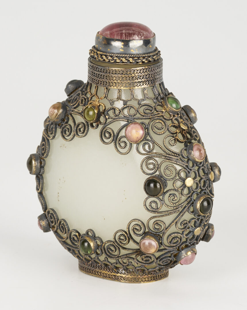 Lot 3: Chinese Tibetan Style Filigree & Precious Stone Embellished Jade Snuff Bottle