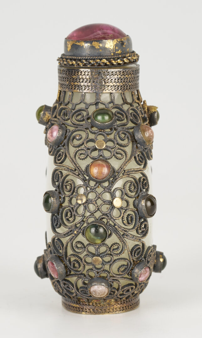 Lot 3: Chinese Tibetan Style Filigree & Precious Stone Embellished Jade Snuff Bottle