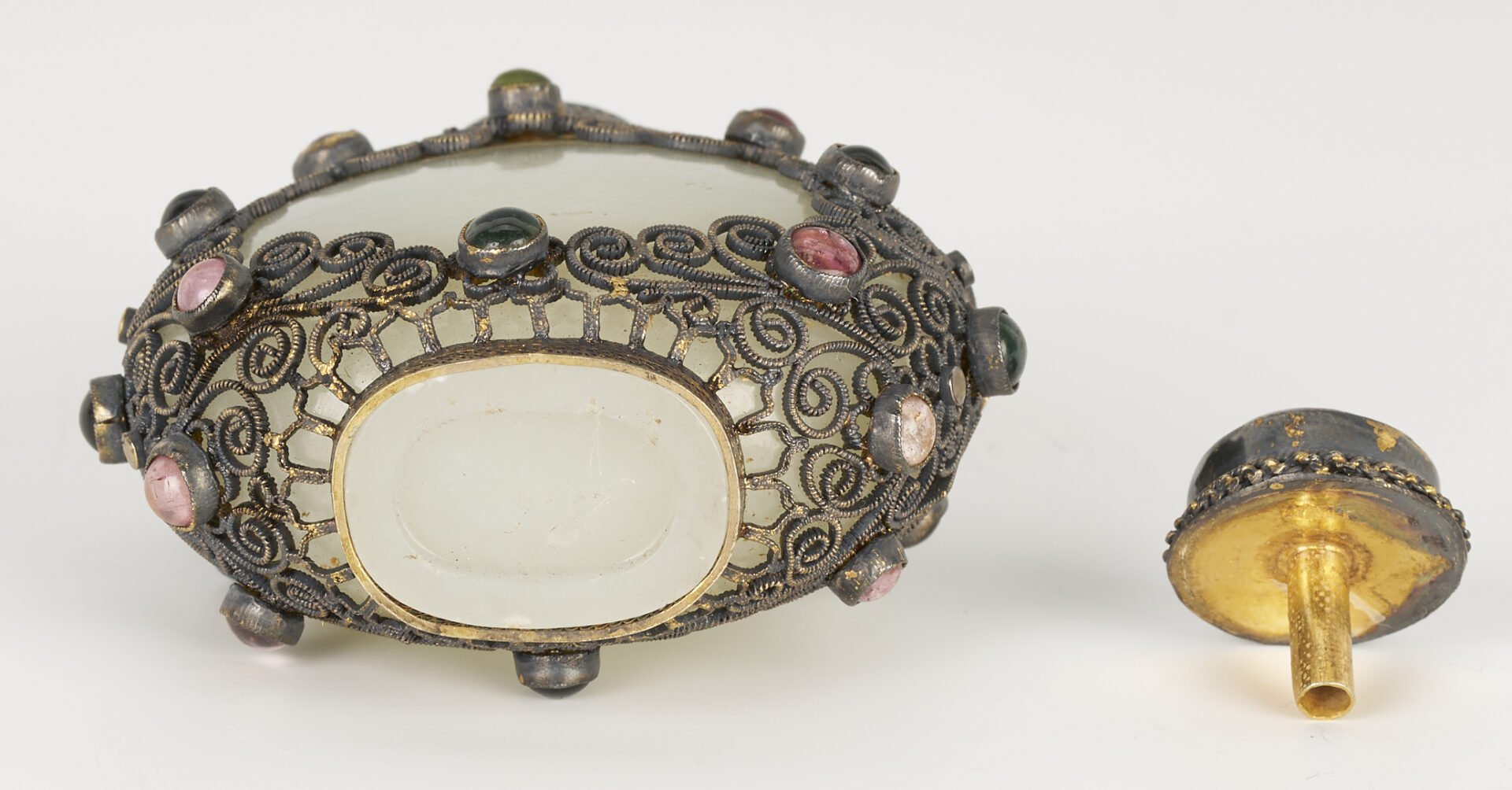 Lot 3: Chinese Tibetan Style Filigree & Precious Stone Embellished Jade Snuff Bottle