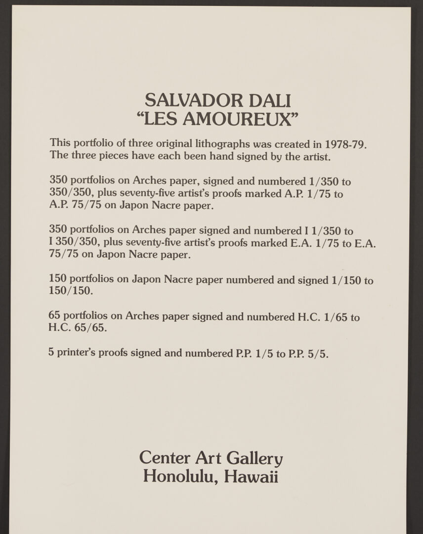 Lot 431: Salvador Dali, Les Amoureux Signed Lithograph Suite