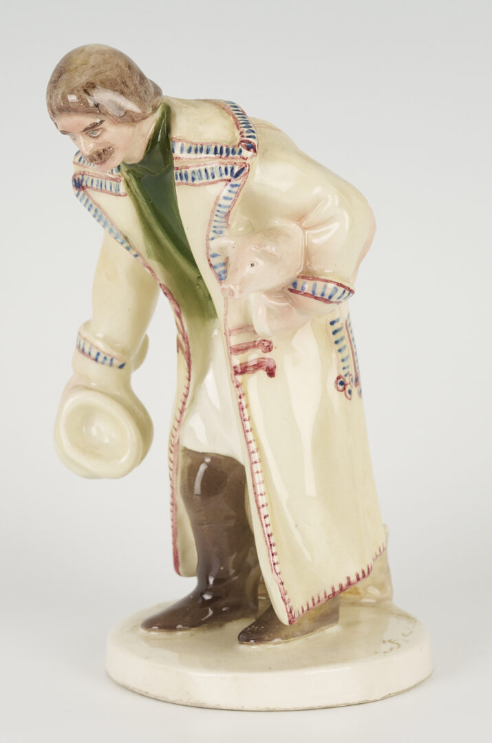 Lot 463: Polish Faience Porcelain Figure of Man with Pig, Plus Pair of Nymphenburg Salts