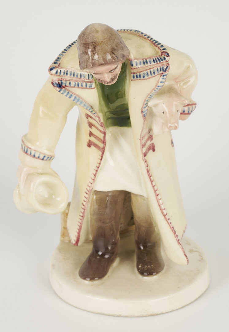 Lot 463: Polish Faience Porcelain Figure of Man with Pig, Plus Pair of Nymphenburg Salts