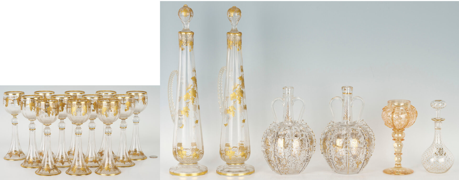 Lot 465: 18 Gilt Glass Goblets and Decanters