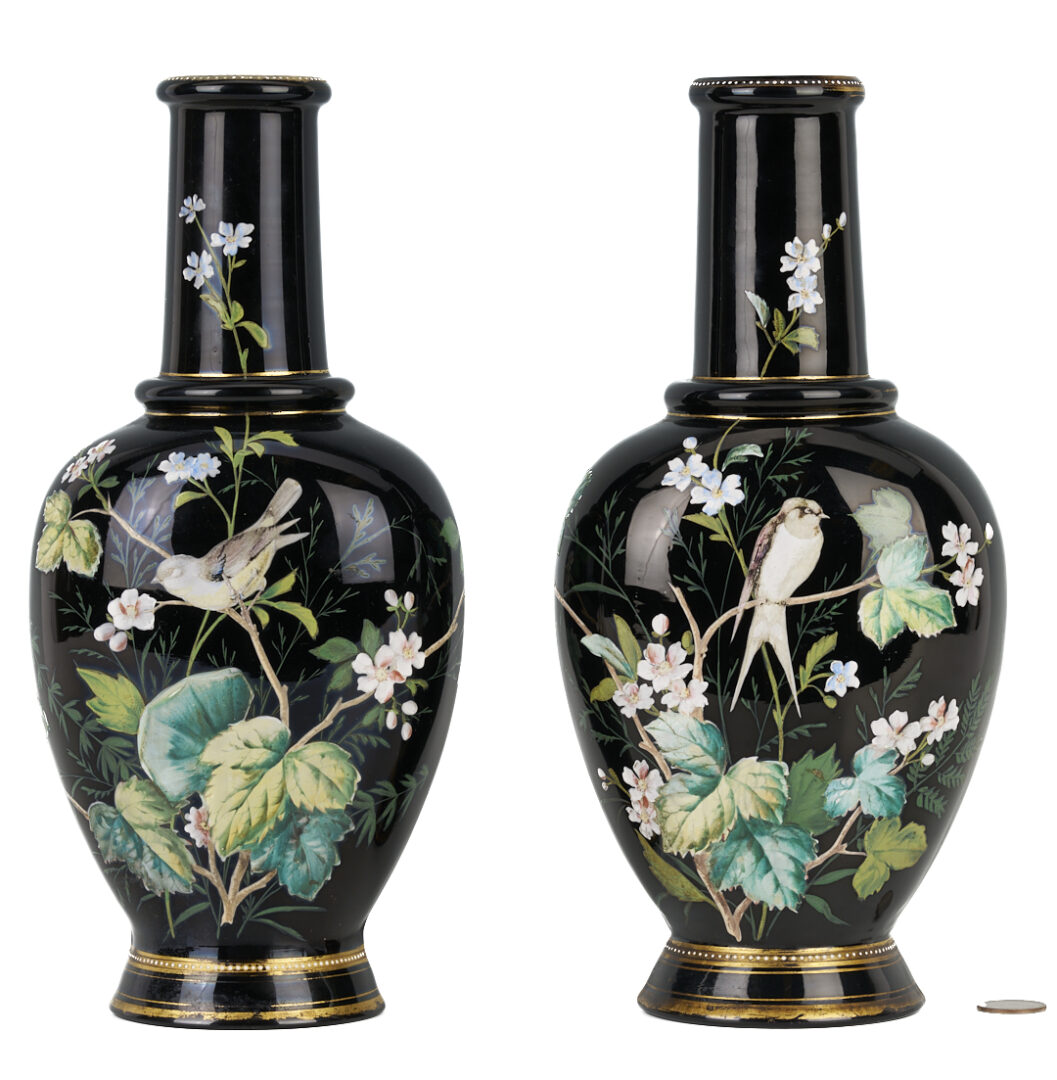 Lot 467: Pair Enameled Art Glass Vases, Moser or Harrach