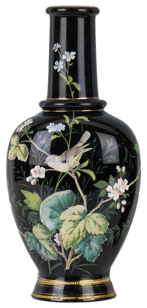 Lot 467: Pair Enameled Art Glass Vases, Moser or Harrach