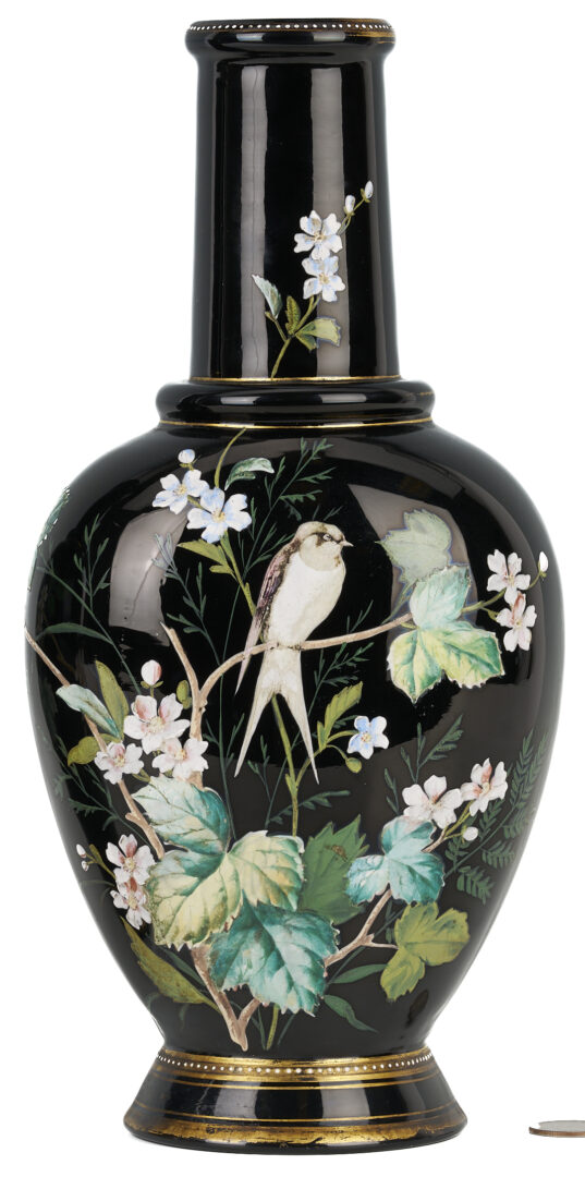 Lot 467: Pair Enameled Art Glass Vases, Moser or Harrach