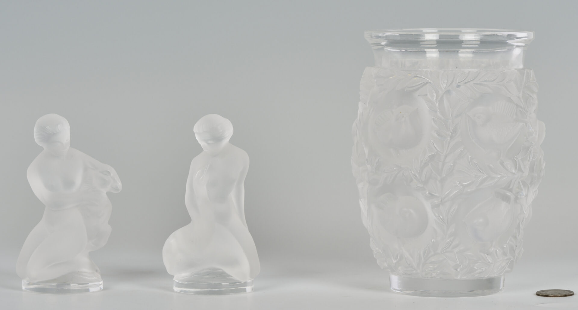 Lot 469: 3 Lalique Items, Bagatelle Vase & Nude Female Figures