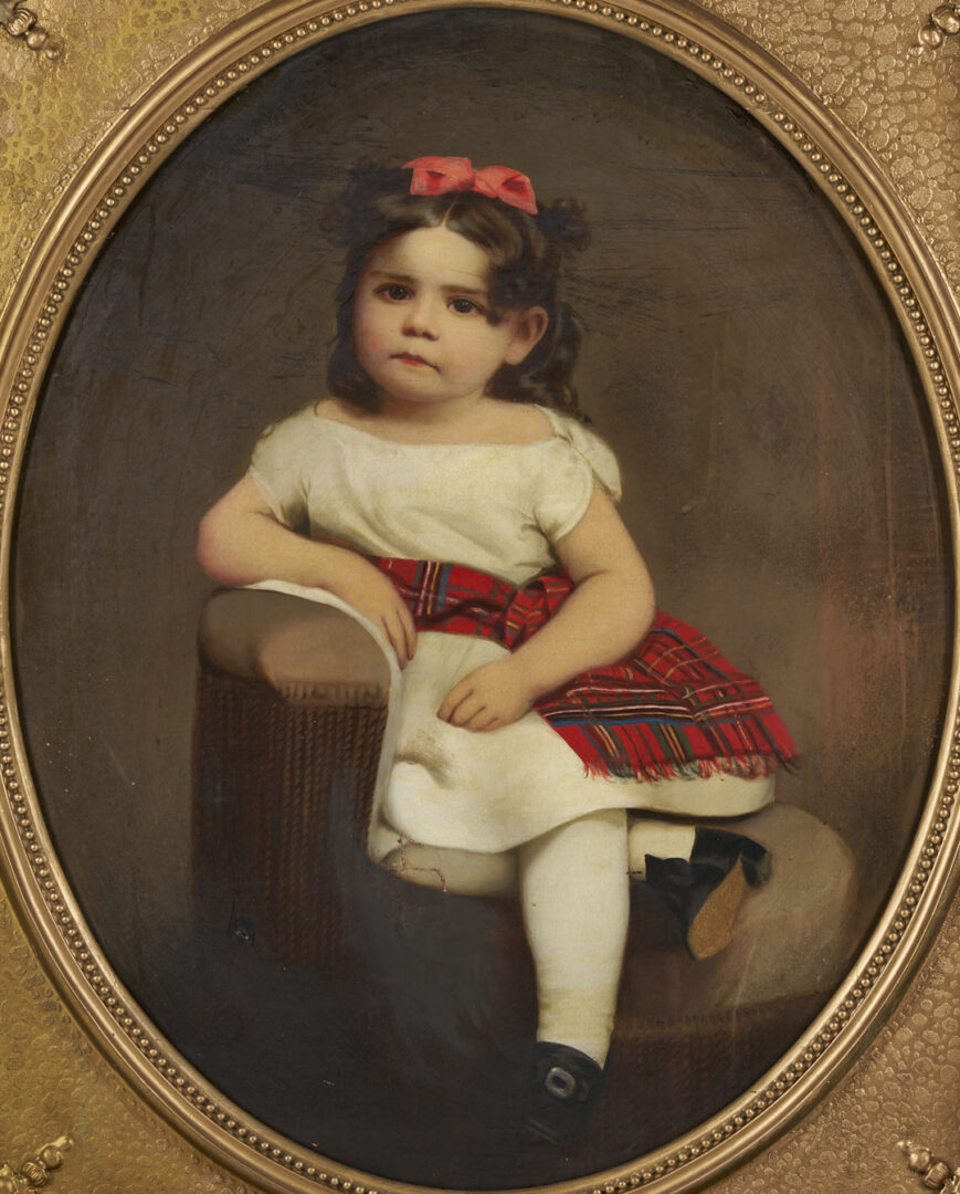 Lot 486: American School Portrait of a Girl in Tartan Sash, 19th c.