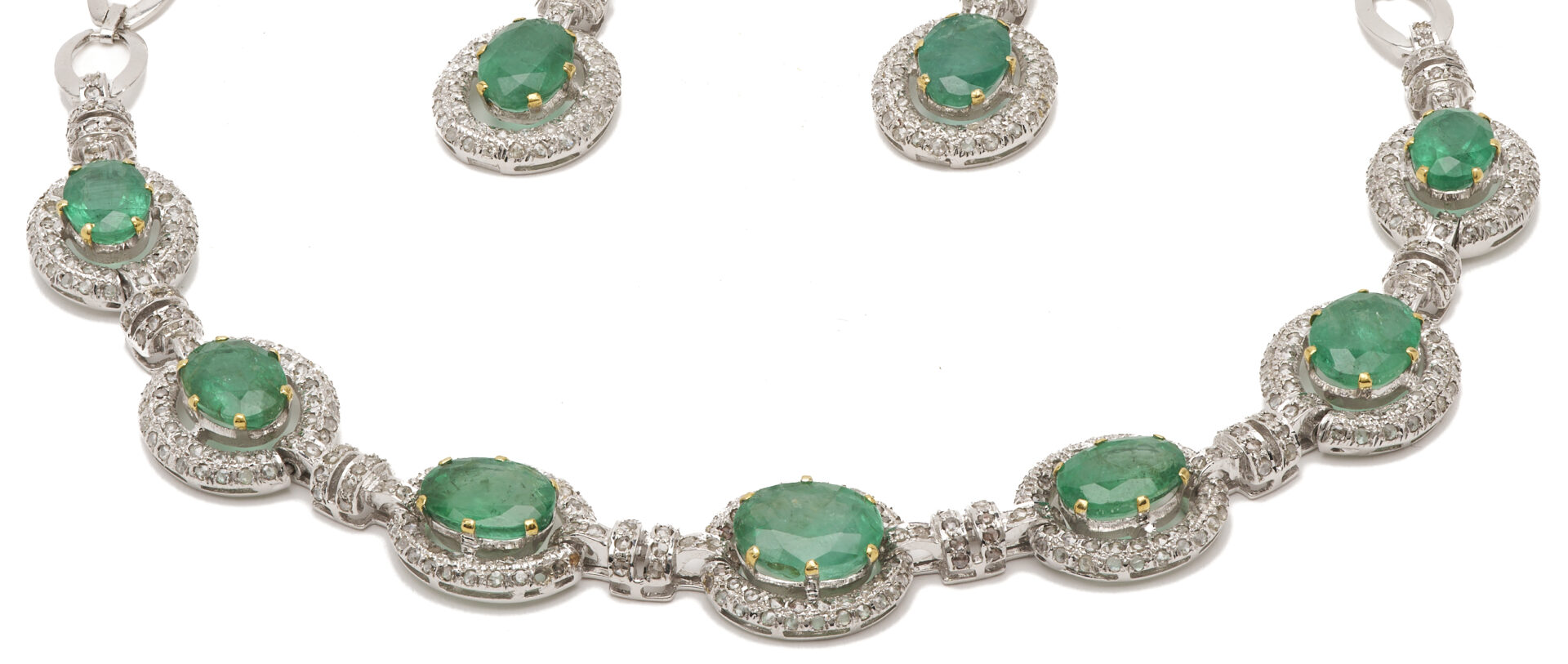 Lot 49: 18K Gold, Emerald, & Diamond Neckace w/ Matching Earrings