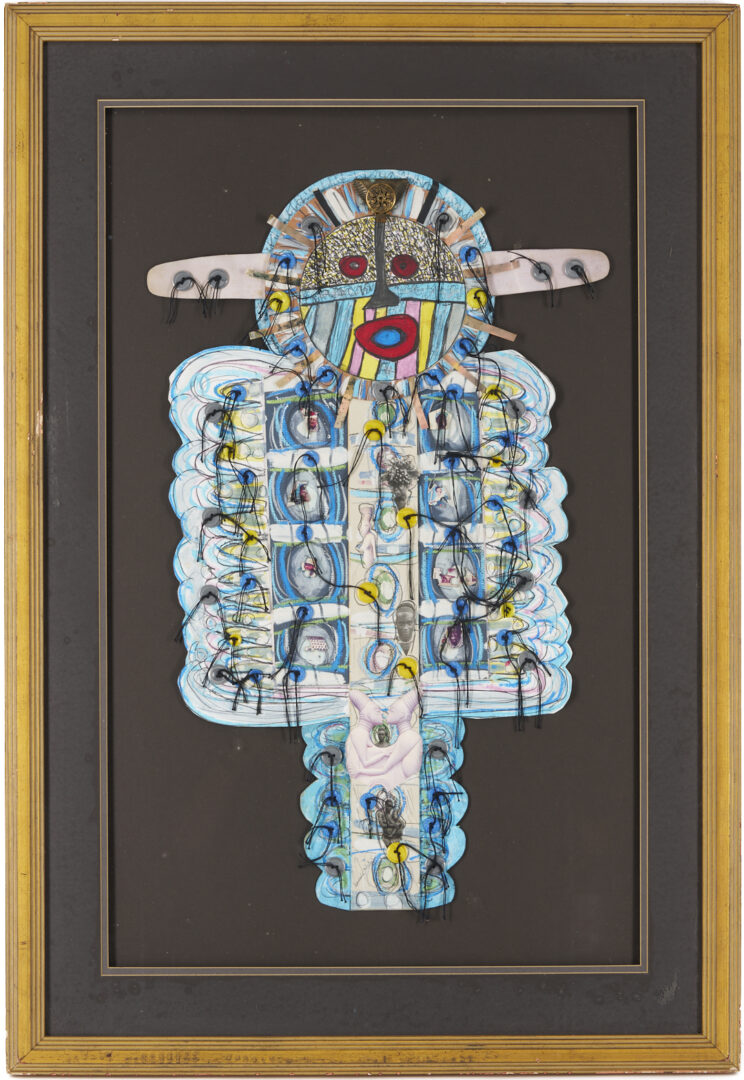 Lot 502: Sammie Nicely Mixed Media Collage Cutout in Blue & Red, African Totem Pole