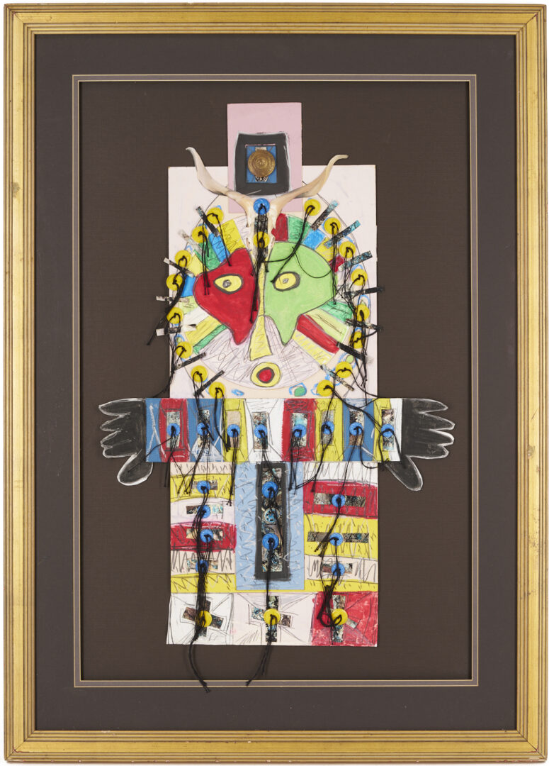 Lot 503: Sammie Nicely Mixed Media Collage Cutout in Red & Yellow, African Totem Pole