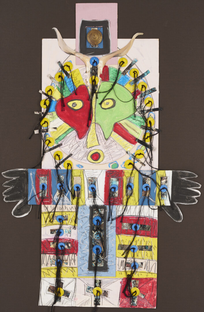 Lot 503: Sammie Nicely Mixed Media Collage Cutout in Red & Yellow, African Totem Pole