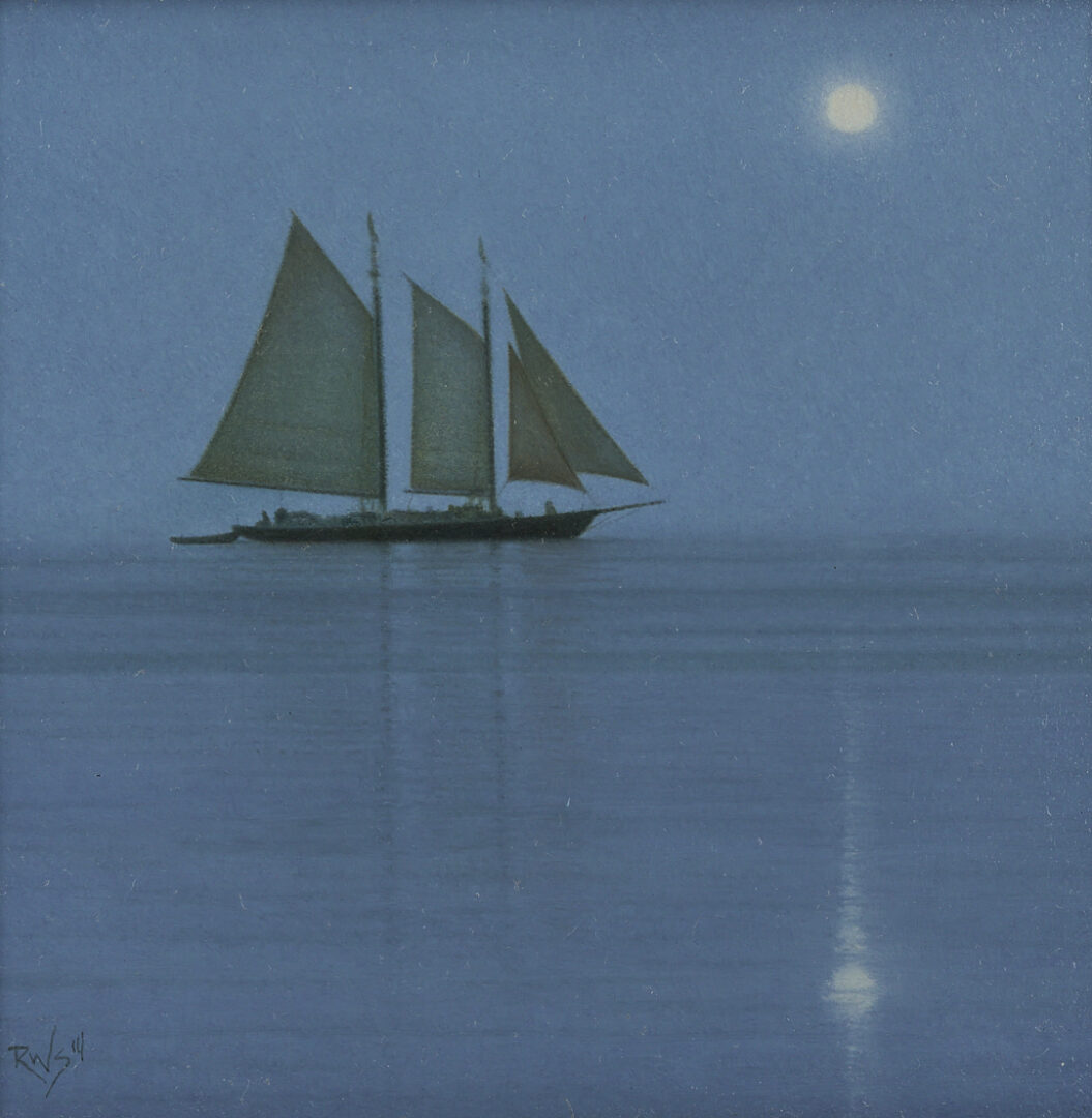 Lot 507: R.W. Stark III Oil Painting, Sailboat by Moonlight