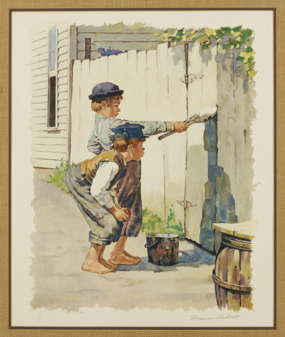 Lot 519: Norman Rockwell Signed Collotype, Tom Sawyer Whitewashing the Fence